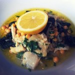 Salt cod on chickpeas with lots of olive oil